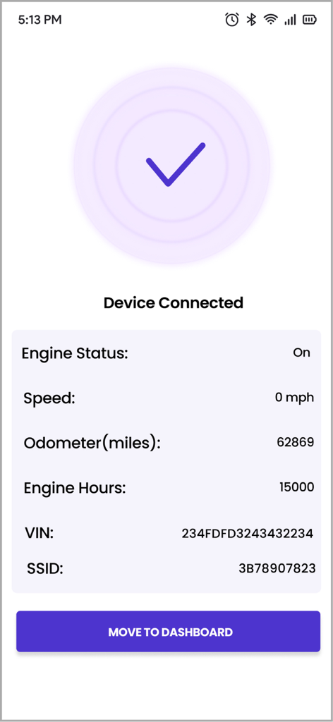 Electronic logging device connection status screen showing engine and vehicle data