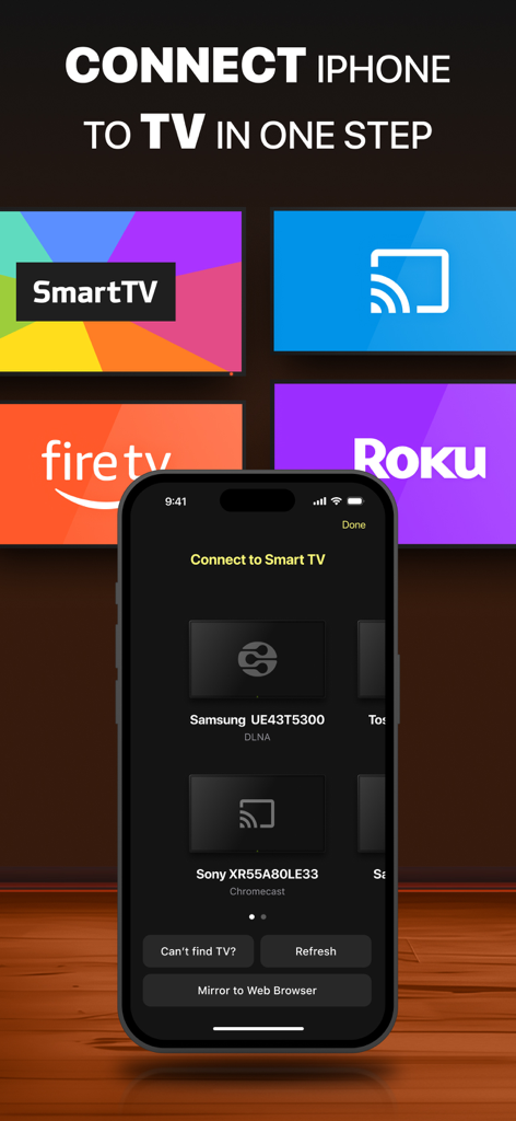 DoCast: Screen Mirroring to TV - iPhone의 DoCast 앱 인터페이스, 화면 미러링 가능한 스마트 TV 기기 표시