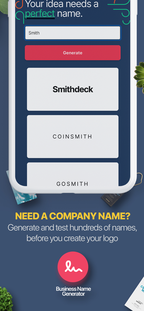 Smartphone screen displaying a business name generator tool with name suggestions for a startup.