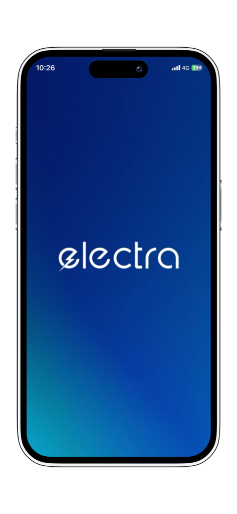 Electra By Raya - Pantalla de inicio de la aplicación de carga de VE Electra con el logo sobre un fondo degradado azul.