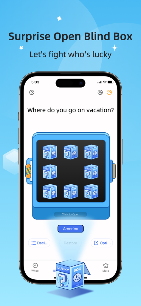 Tiny Decisions app screen showing the blind box feature to help choose a vacation destination