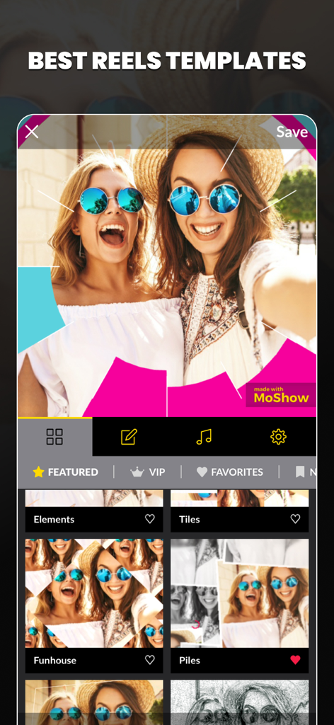 MoShow Slideshow Maker Video - Interface de l'application MoShow montrant des modèles vidéo pour créer des reels pour les réseaux sociaux à partir de photos