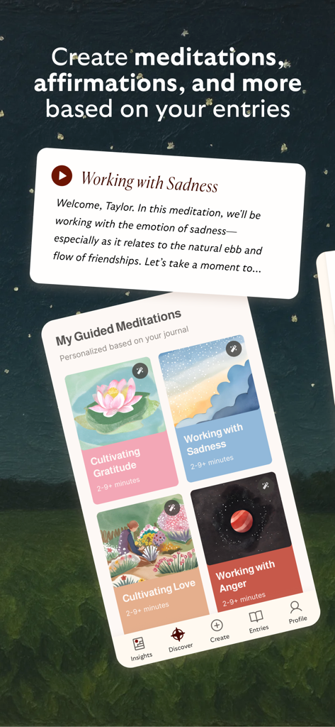 Untold app interface showing personalized guided meditations generated from user voice journal entries including topics like gratitude and working with sadness.
