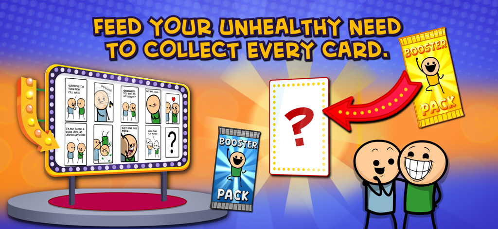 Joking Hazard app screenshot showing card collection and booster packs