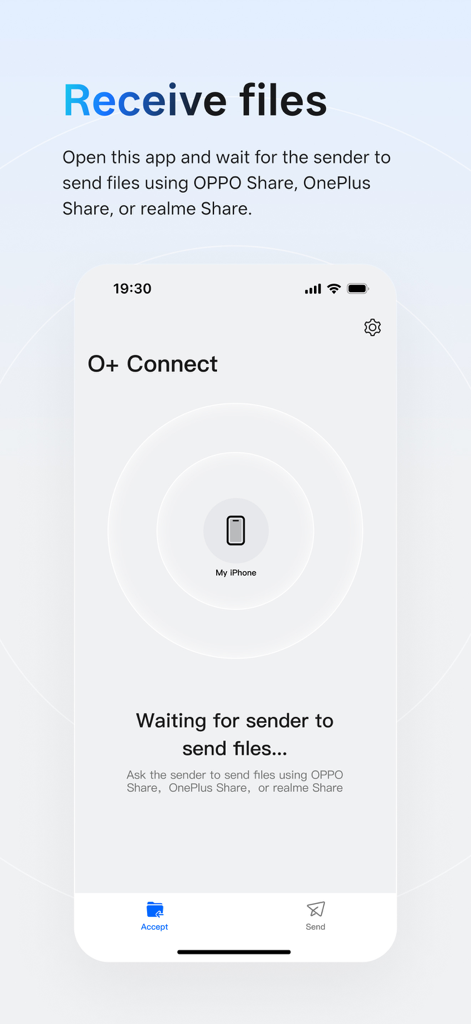 O Plus Connect app interface for receiving files on an iPhone from OnePlus or OPPO devices