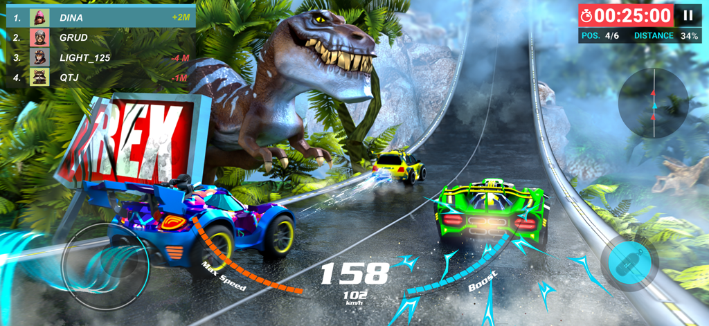 Max Speed: 3D Stunt Race - Stylized cars racing on a jungle track featuring a large T-Rex in Max Speed 3D Stunt Race