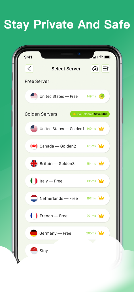 JoyBooster Golden - VPN Proxy - Un smartphone mostrando la lista de selección de servidores VPN de JoyBooster Golden con ubicaciones globales como EE. UU., Canadá y Gran Bretaña