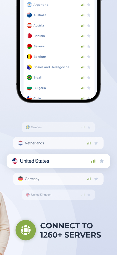 Un'interfaccia mobile per Planet VPN che mostra un elenco di posizioni di server globali tra cui Stati Uniti, Germania e Paesi Bassi con oltre 1260 server disponibili.