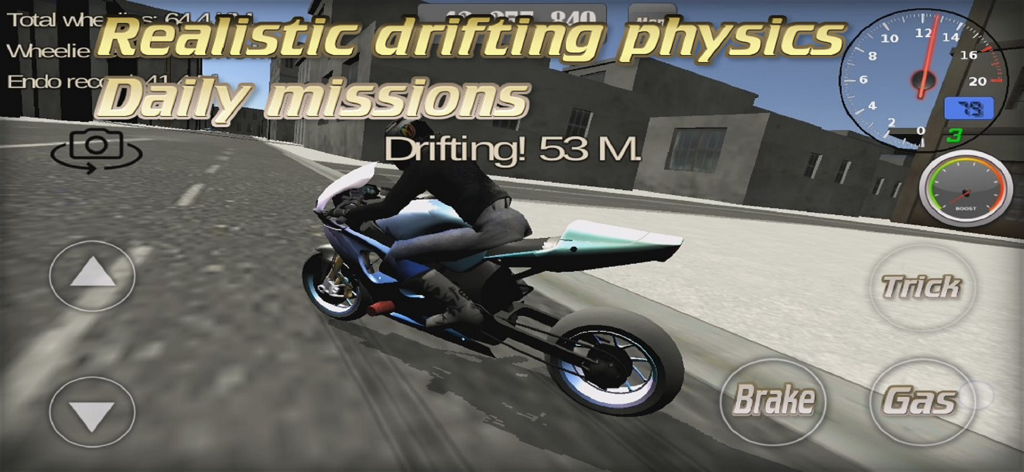 Wheelie King 3D - Una motocicleta realizando una acrobacia de derrape en una calle de la ciudad en Wheelie King 3D.