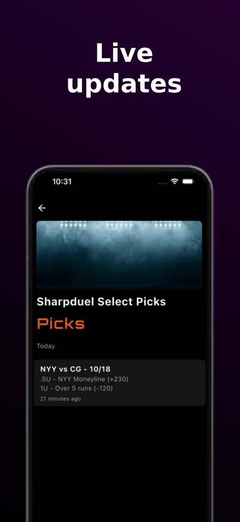 Sharpduel - Sharpduel app interface displaying live sports betting picks and updates