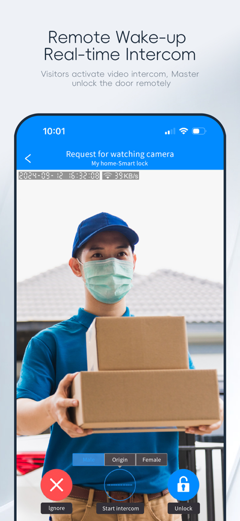 USmart Go - Interfaccia di videocitofono remoto dell'app USmart Go che mostra un fattorino e un pulsante di sblocco della porta