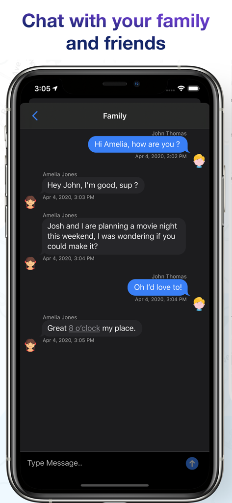 Tela de chat no aplicativo mostrando uma conversa entre membros da família para coordenar planos dentro do aplicativo localizador.