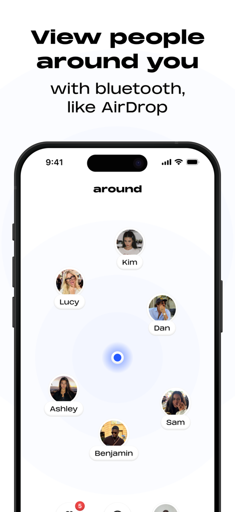 Interface do aplicativo Around mostrando ícones de perfil de pessoas próximas descobertas via Bluetooth em uma visão de radar circular.