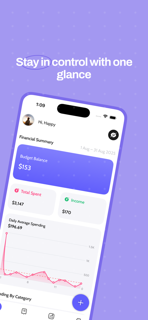 Walpat: Smart budgeting - Painel do aplicativo Walpat mostrando saldo do orçamento, total gasto, renda e gráfico de despesas
