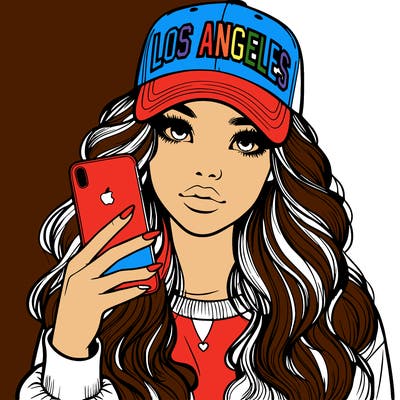 realistic beautiful girl wearing los ángeles cap holding an iphone