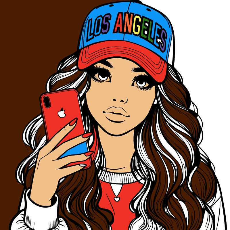 realistic beautiful girl wearing los ángeles cap holding an iphone