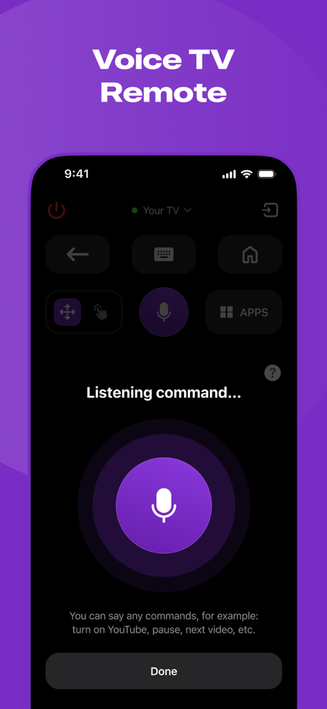 Roku TV Remote Control & Cast - A mobile app interface for a Roku TV remote showing a voice control feature with a large microphone button and listening prompt