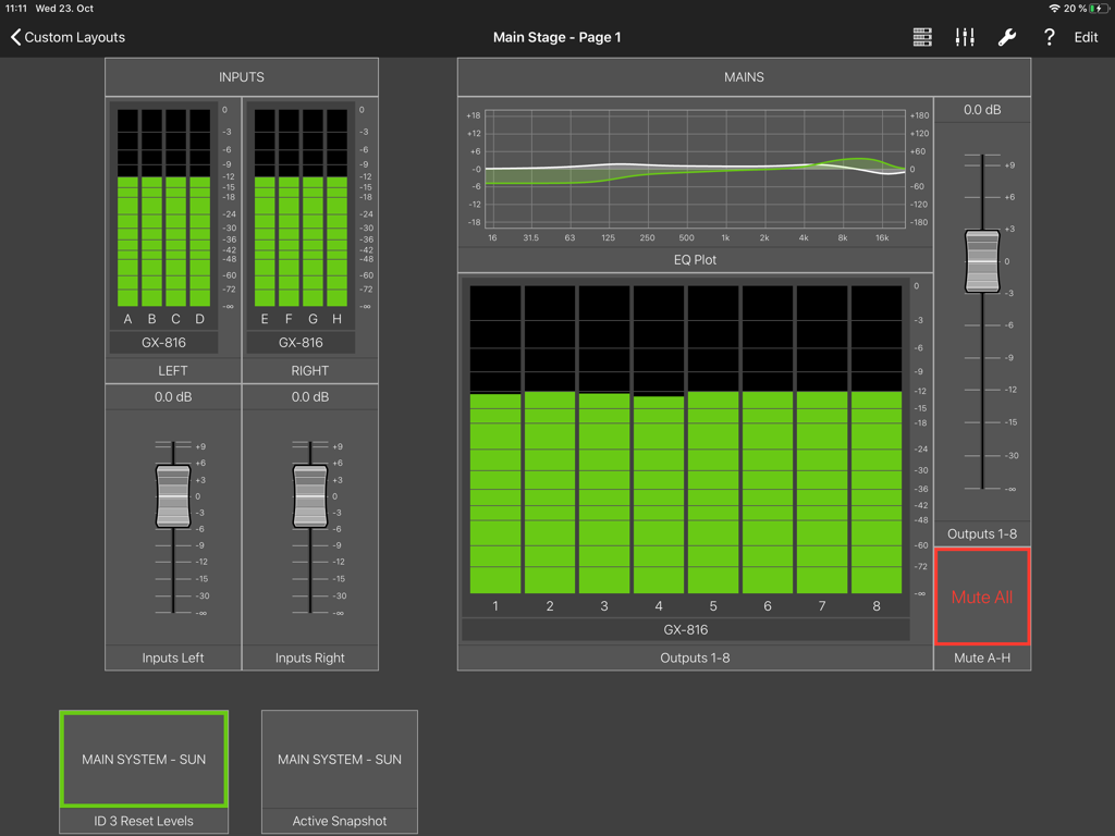 Compass Go by Meyer Sound - Compass Go app showing professional audio input meters and EQ plots for live sound management