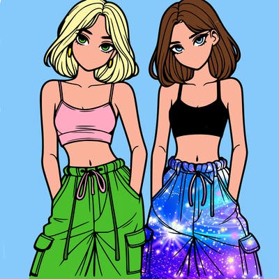 two girls with crop top with baggy pants