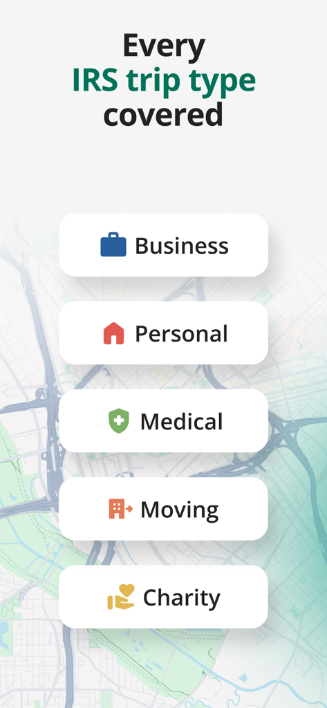 Mileage Tracker by Driversnote - Interface showing IRS compliant trip categories including business personal medical moving and charity