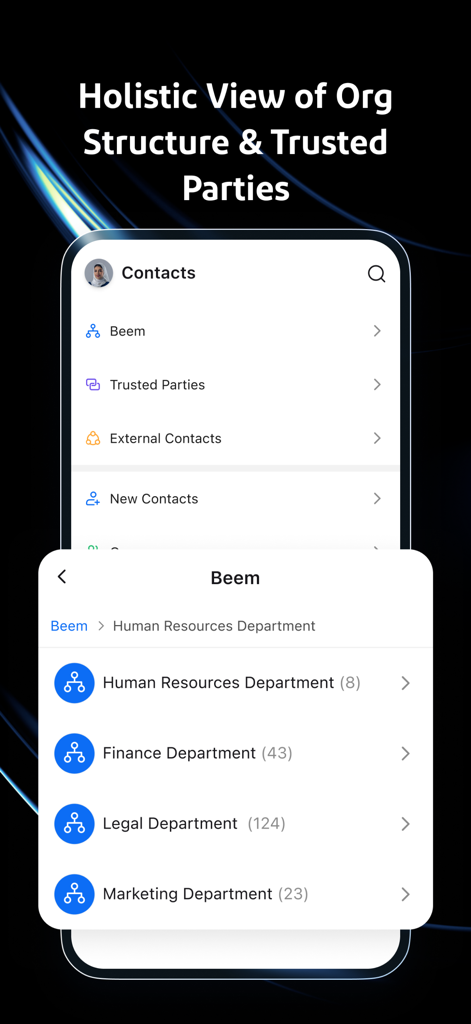 Beem: One Platform for Work - Ecrã da aplicação móvel exibindo a estrutura organizacional e contactos departamentais no Beem