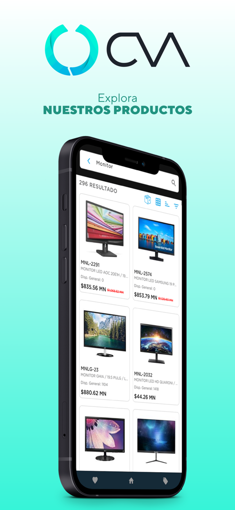 CVA App mobile interface displaying a selection of computer monitors for sale in a product catalog.