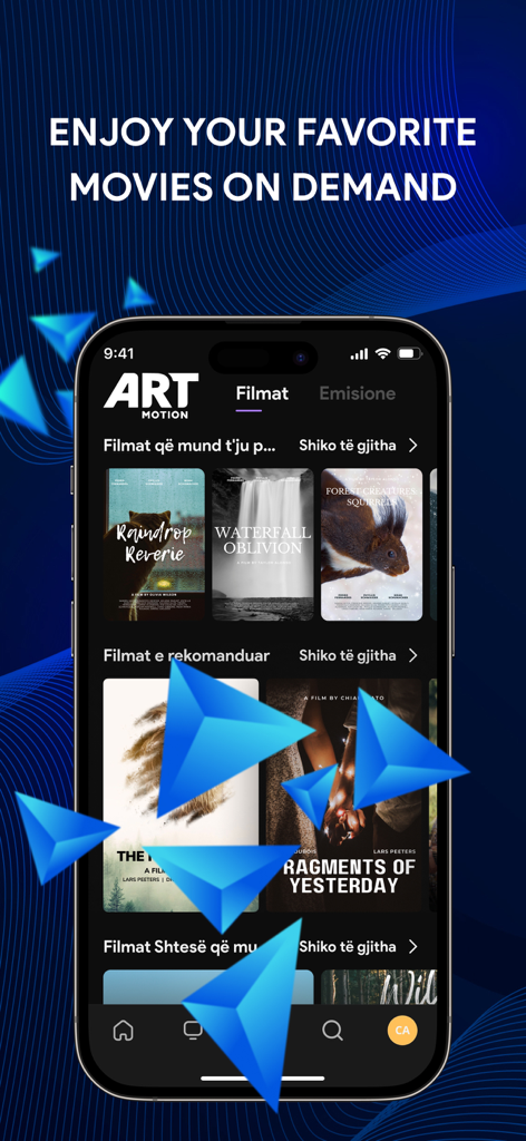 Artmotion - Interface de l'application Artmotion montrant des films albanais à la demande et des catégories de films sur un smartphone.
