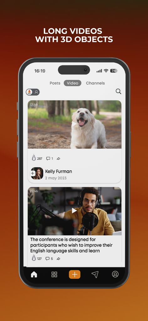 AFree - Interfaz de la aplicación de red social AFree que muestra un feed de video con contenido de formato largo y publicaciones de creadores.