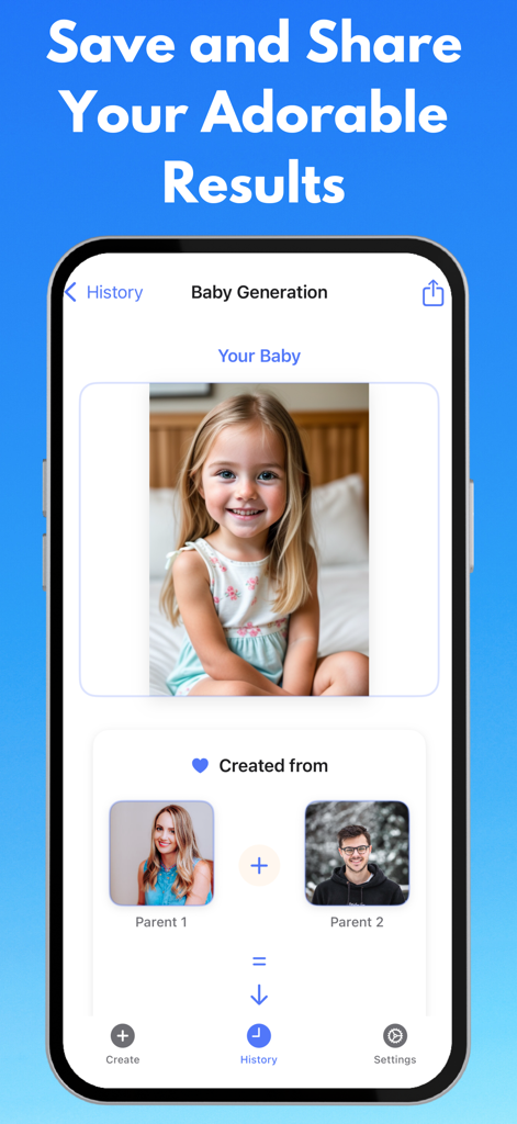 Pantalla de la aplicación AI Baby Generator mostrando una predicción realista de un niño basada en fotos de los padres