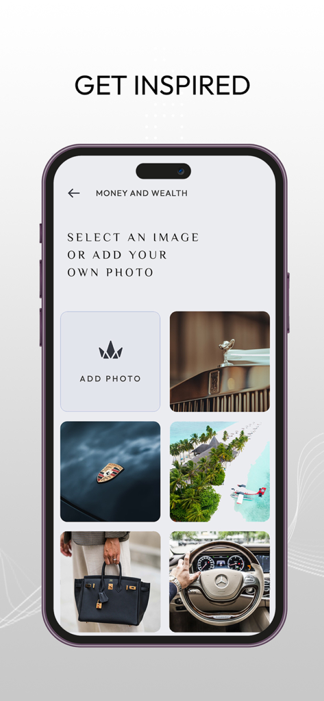 Vision Board app interface showing a selection of luxury images for money and wealth goal planning