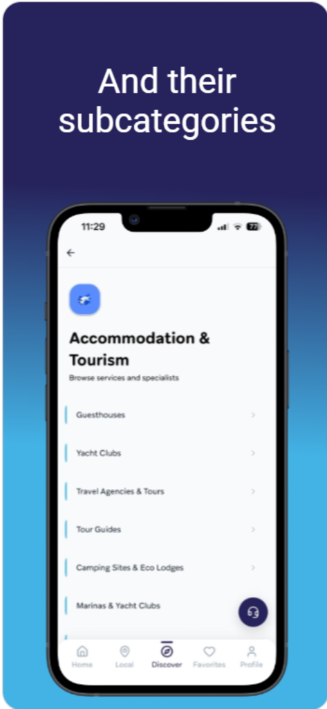 Qarib : Connect & Grow - Mobile app screen showing a list of tourism and accommodation subcategories including guesthouses and yacht clubs.