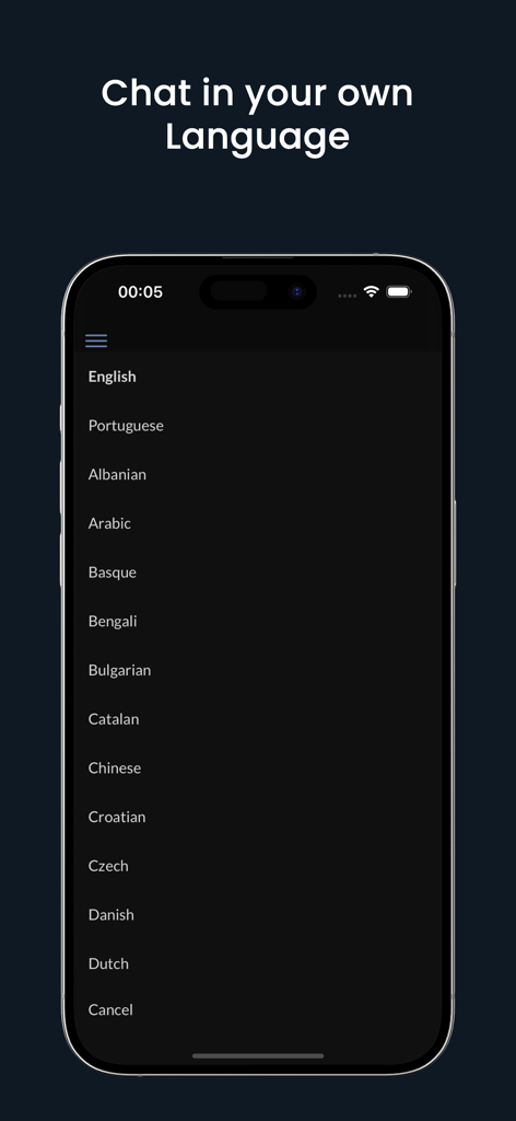 A list of available languages for AI chat within the ProMind app
