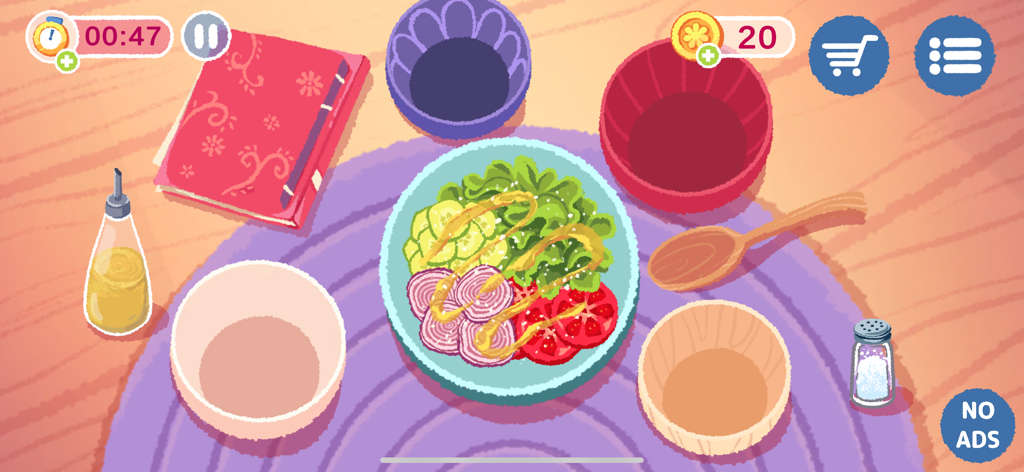 A top-down gameplay view of salad preparation in the cozy Sofra cooking simulator game.