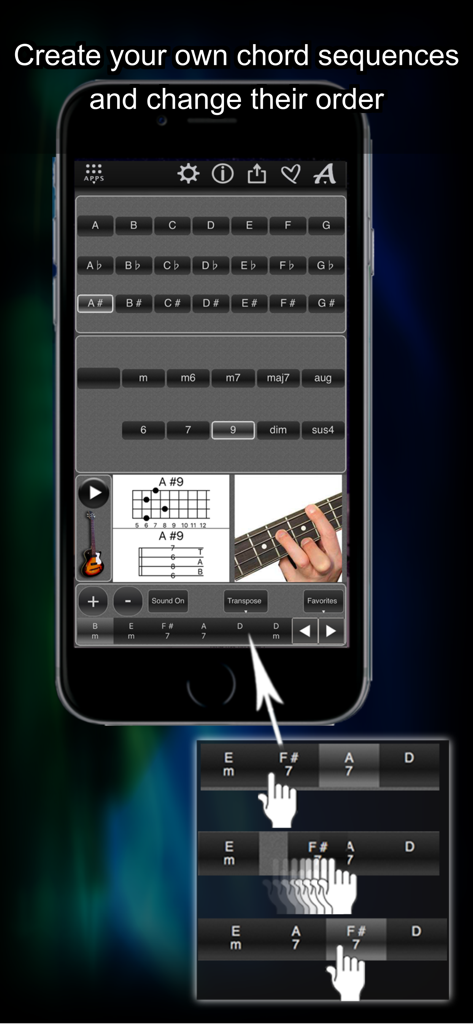 120 Bass Chords - Interfaz que muestra cómo crear y reordenar secuencias de acordes de bajo personalizadas