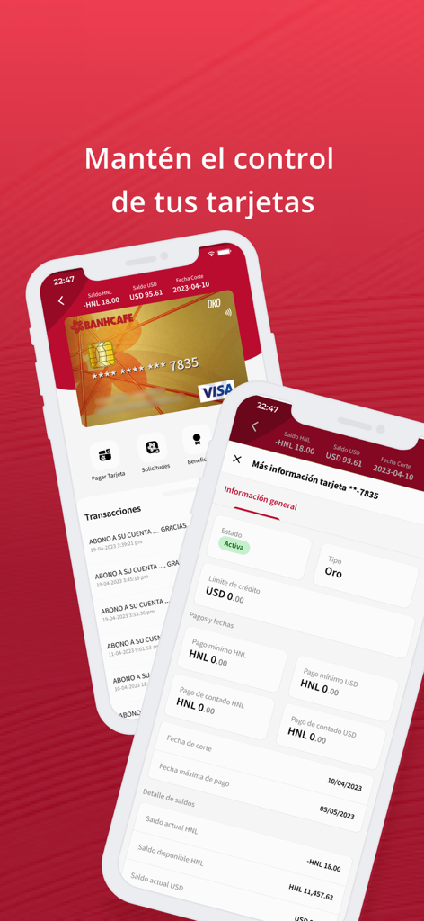 BANHCAFE Online - Interfaz de la aplicación móvil BANHCAFE Online para administrar tarjetas de crédito y ver el historial de transacciones
