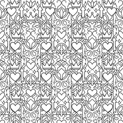 Dive into a world of intricate symbols with this mesmerizing grid pattern coloring page. Featuring a symmetrical arrangement of hearts, crowns, peace signs, and arrows, it offers a relaxing and engaging artistic challenge for all ages.
