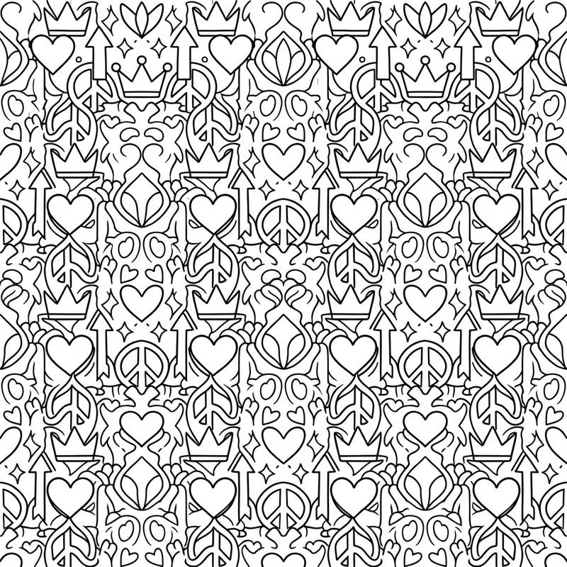 Dive into a world of intricate symbols with this mesmerizing grid pattern coloring page. Featuring a symmetrical arrangement of hearts, crowns, peace signs, and arrows, it offers a relaxing and engaging artistic challenge for all ages.