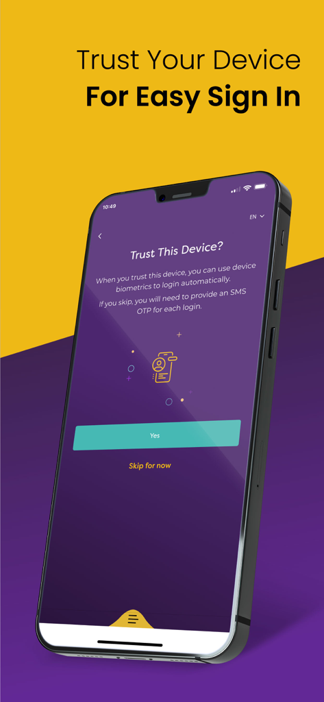 BisB Mobileアプリの画面に、生体認証ログインのための「このデバイスを信頼する」オプションが表示されています