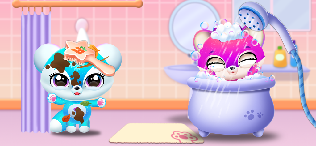 Two cute virtual kittens being groomed and bathed in a colorful bathroom