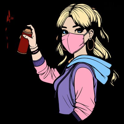 realistic girl with mask spray painting a wall