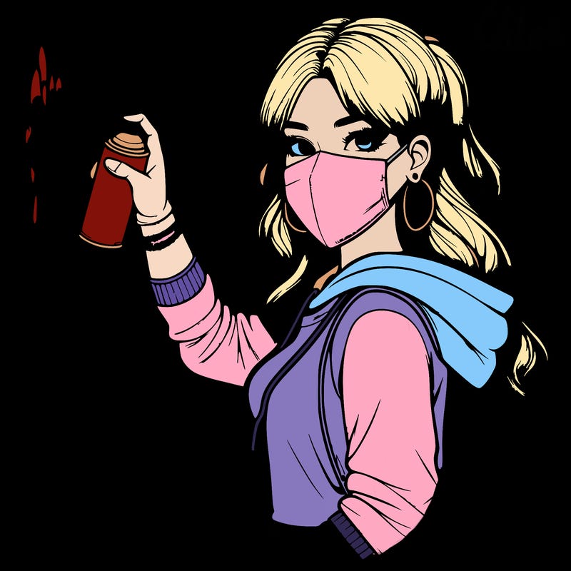 realistic girl with mask spray painting a wall