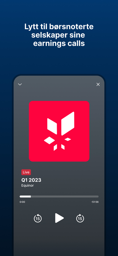 Finansavisen - Mobile interface of the Finansavisen app playing a live Q1 2023 earnings call for Equinor