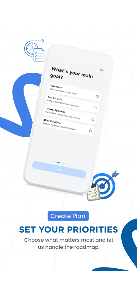 Budget and Financial Planner - A mobile screen from the Budget and Financial Planner app asking users to select their main goal like saving more or paying off debt