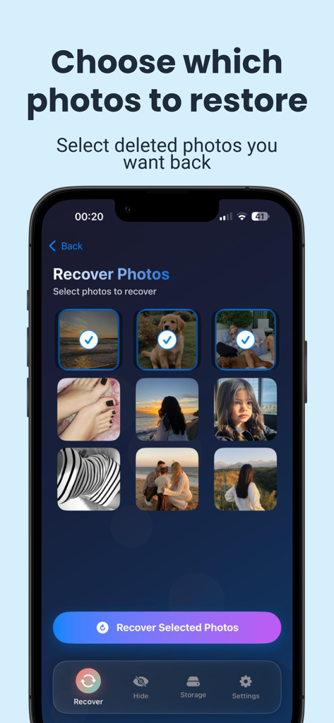 Recover Deleted Photos - Repic - Interfaz de la aplicación Repic mostrando una cuadrícula de fotos borradas seleccionadas para restauración