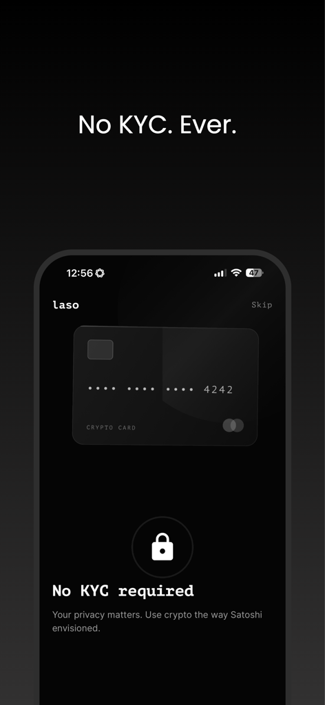 Laso Finance mobile app interface showcasing privacy focused crypto prepaid card with no KYC required