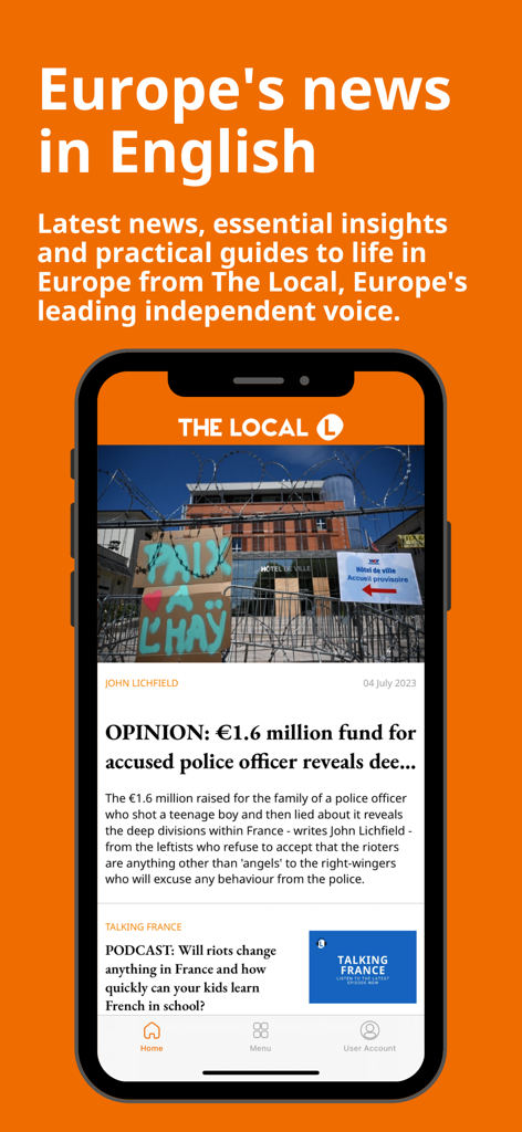 The Local - News in English - The Local news app displaying European news and guides in English on a smartphone