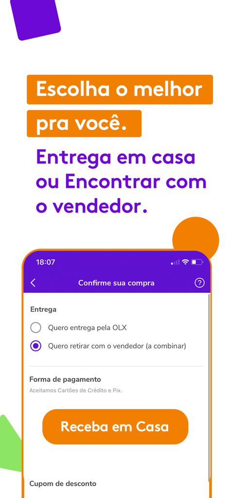 OLX - Comprar e vender online - Tela de checkout do app OLX Brasil mostrando opções de entrega em domicílio e encontro com o vendedor