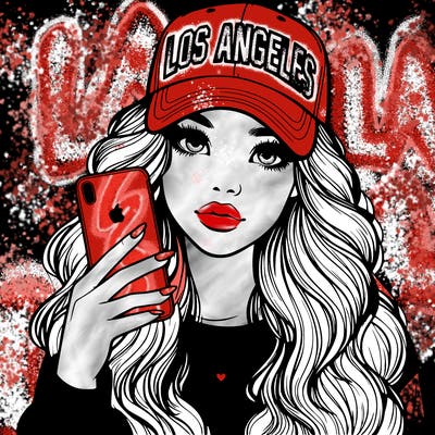 realistic beautiful girl wearing los ángeles cap holding an iphone