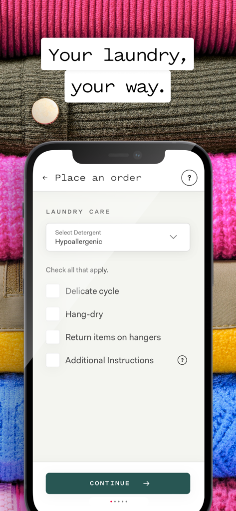 Poplin: Laundry Service - 低刺激性洗剤やデリケートサイクルなどのカスタム洗濯ケアオプションを選択するためのPoplinアプリのインターフェース。
