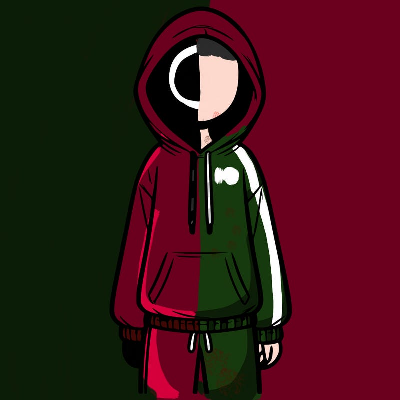 faceless girl in a tracksuit with a hood on and no hair